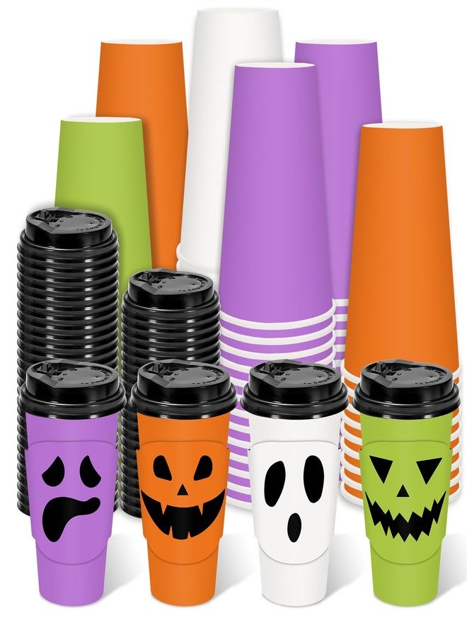 JarThenaAMCS مجموعة أكواب قهوة JarThenaAMCS للهالوين، 48 كوبًا، مع أغطية وأكمام، سعة 16 أونصة، أكواب ورقية ملونة بتصميم أشباح مرحة، أكواب قهوة للاستخدام مرة واحدة، مناسبة للمقاهي والمتاجر، للكابتشينو والمشروبات الشوكولاتة. - Image 1